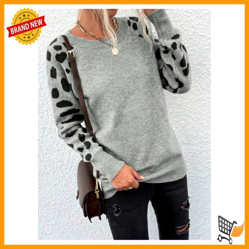 Leopard Print Crewneck Sweater Long Sleeve Knit Pullover Fall Casual Top - Picture 3 of 5